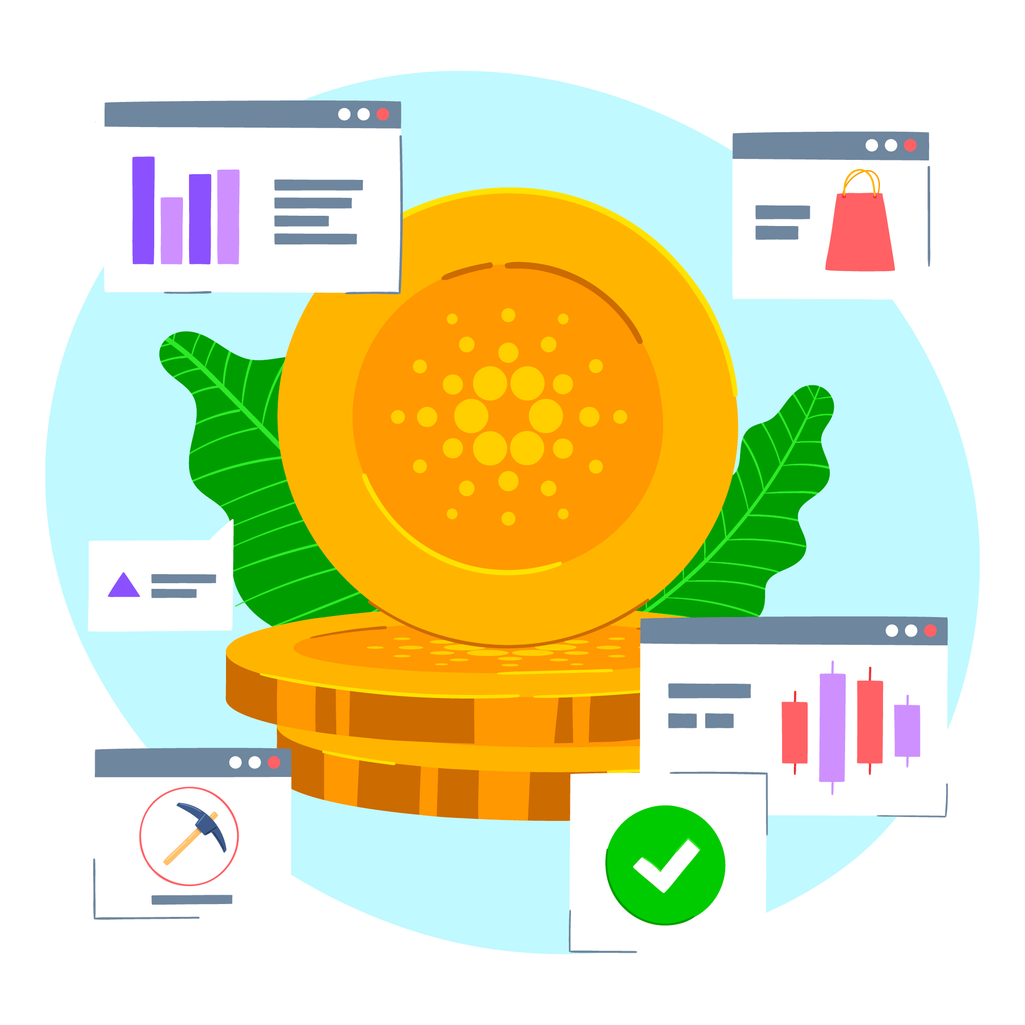Modern finance illustration showing digital currency, lottery tickets, and rising graph